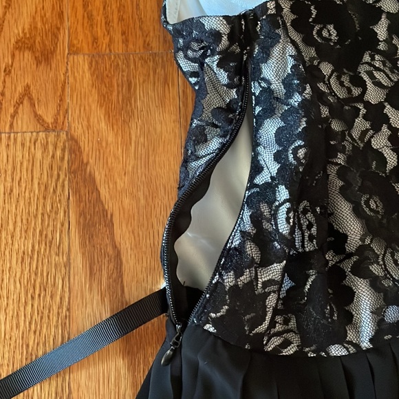 Black Dress; lace top, gems on midline, pleated chiffon skirt, bow in back (s10) - Picture 5 of 6